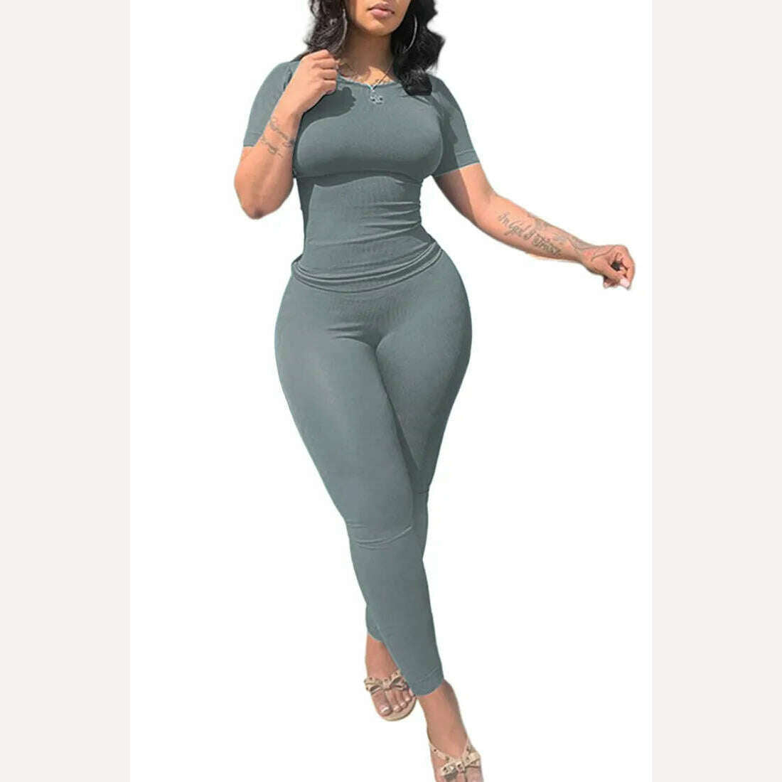 KIMLUD, Lounge Wear Ribbed Casual 2 Piece Summer Shorts Set For Women  Sleeve Top+Elastic Leggings Outfits, Grayish blue / S, KIMLUD APPAREL - Womens Clothes