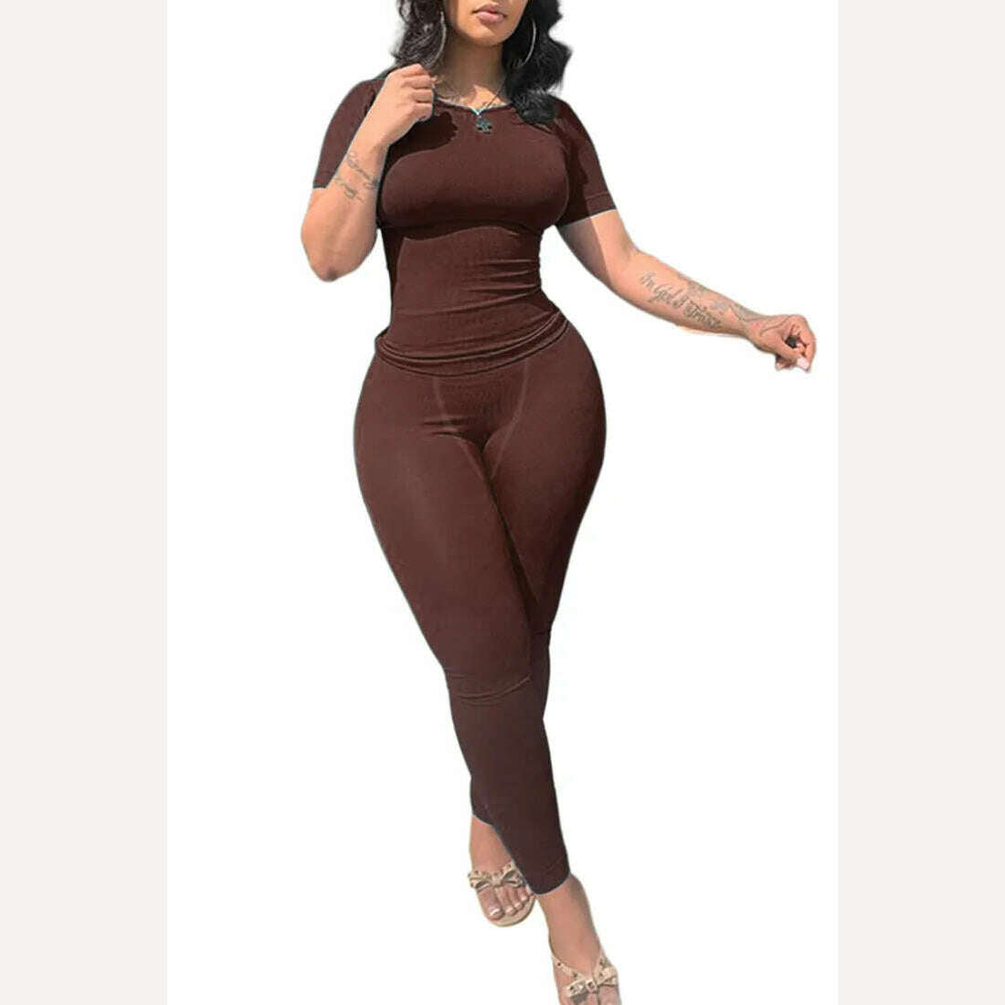 KIMLUD, Lounge Wear Ribbed Casual 2 Piece Summer Shorts Set For Women  Sleeve Top+Elastic Leggings Outfits, Dark brown / S, KIMLUD APPAREL - Womens Clothes