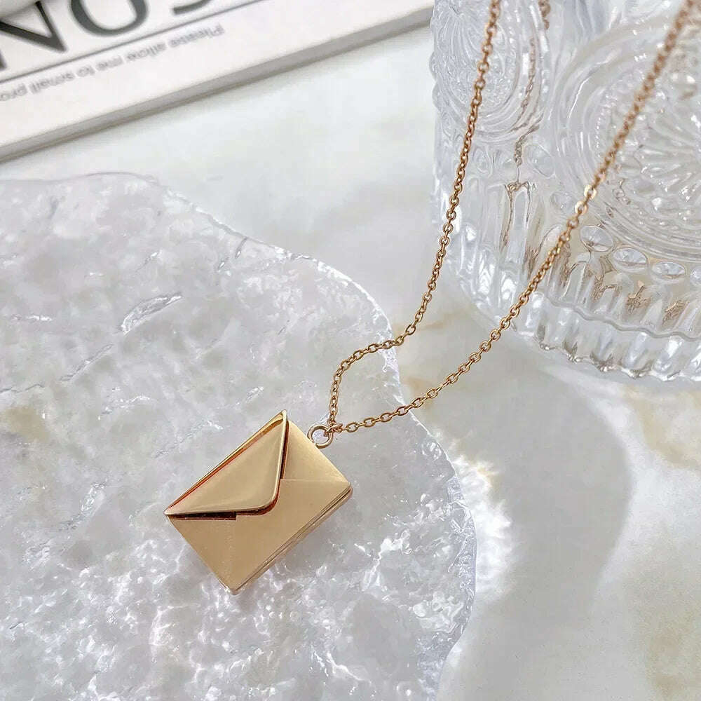 KIMLUD, Love Letter Envelope Pendant Necklace Customized Stainless Steel Jewelry Confession Love You for Valentine Day Mother Day Gift, rose gold, KIMLUD APPAREL - Womens Clothes