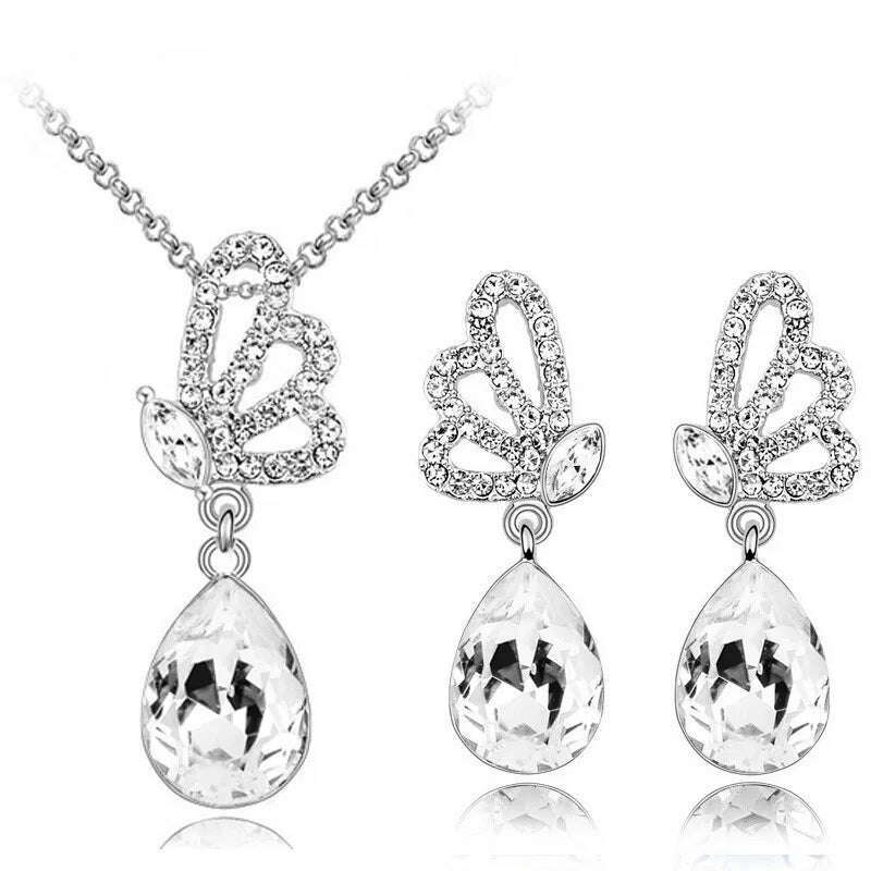 KIMLUD, Lovely gift Jewelry set quality hot popular Austrian Crystal Butterfly Pendant women Necklace Earrings accessories, KIMLUD Womens Clothes