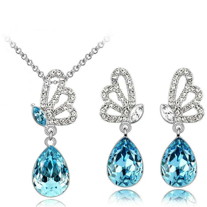 KIMLUD, Lovely gift Jewelry set quality hot popular Austrian Crystal Butterfly Pendant women Necklace Earrings accessories, KIMLUD Womens Clothes