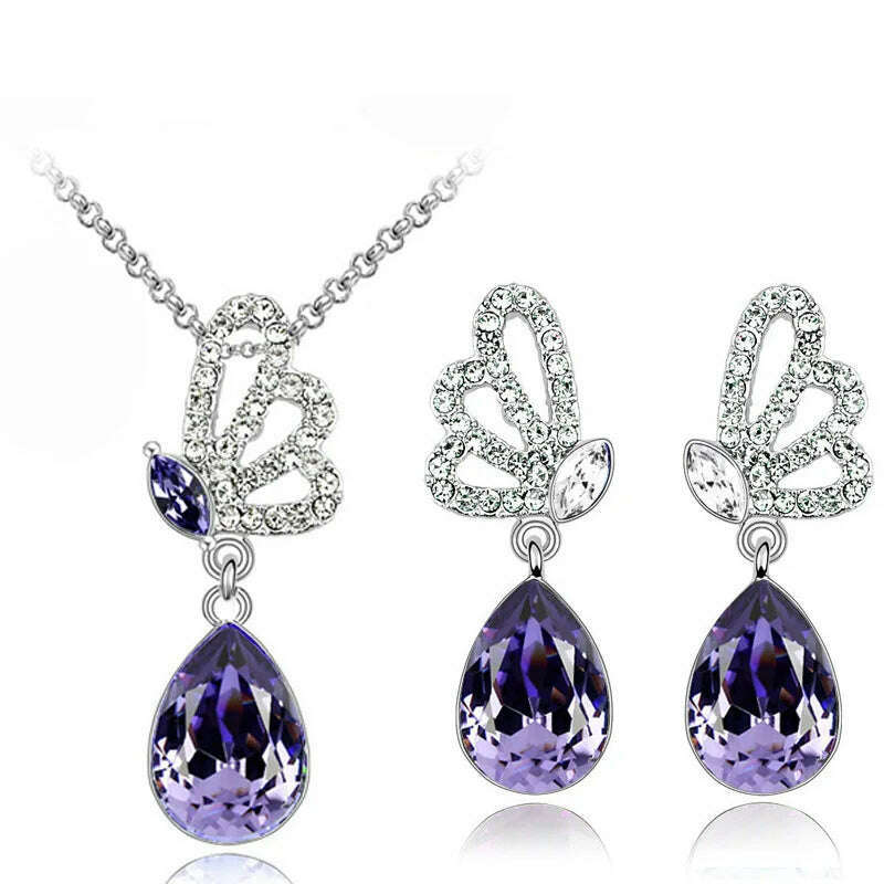 Lovely gift Jewelry set quality hot popular Austrian Crystal Butterfly Pendant women Necklace Earrings accessories - KIMLUD