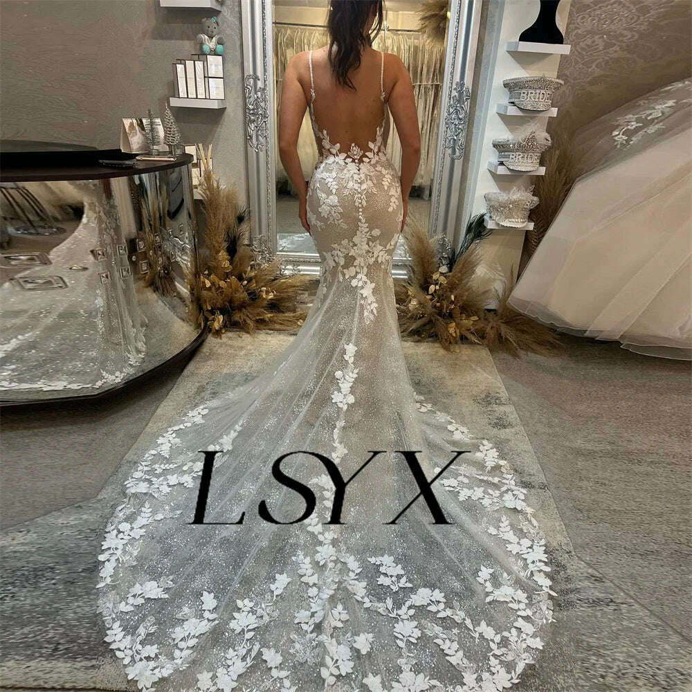 KIMLUD, LSYX Deep V-Neck Sleeveless Appliques Shiny Tulle White Mermaid Wedding Dress 2024 Open Back Court Train Bridal Gown Custom Made, KIMLUD Womens Clothes