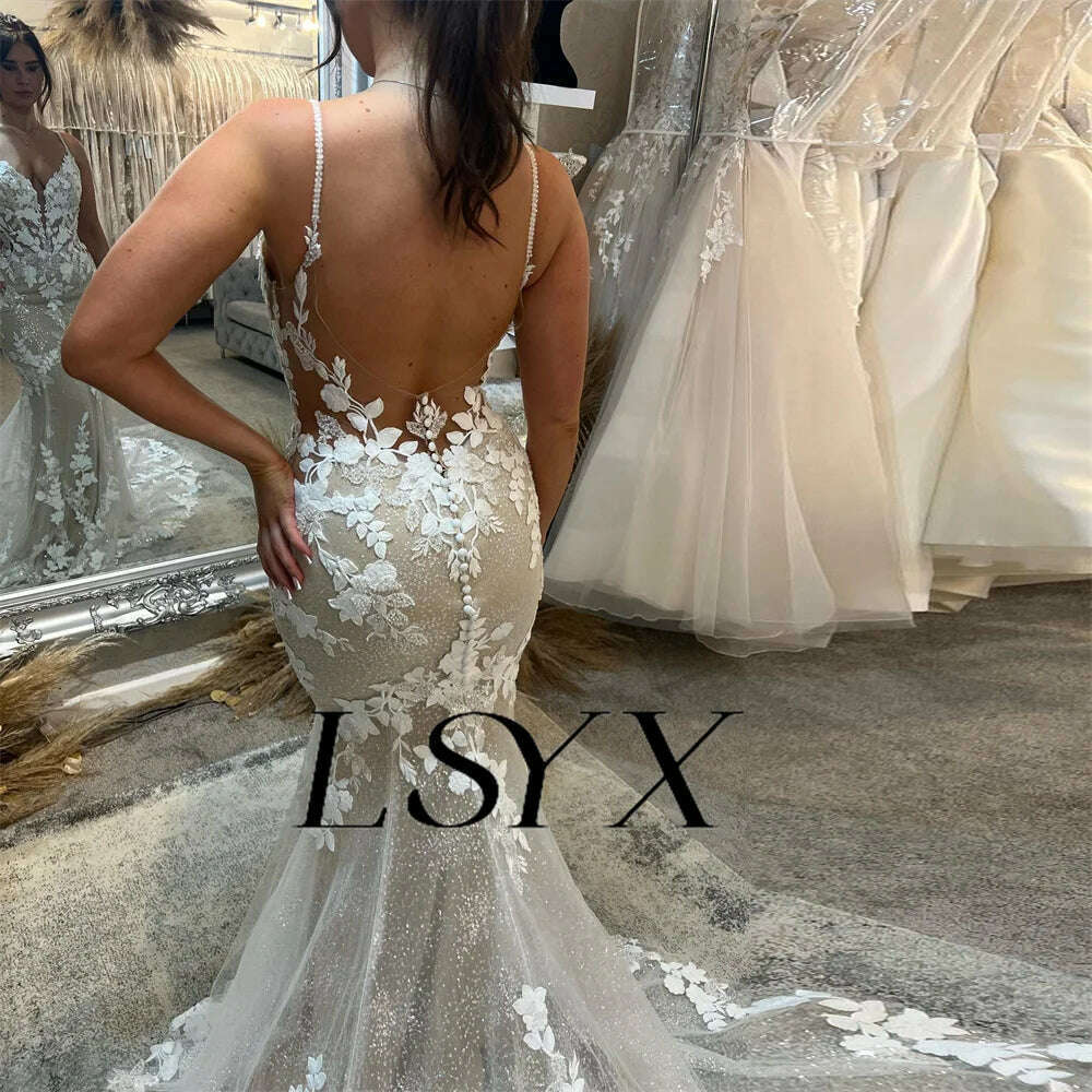 LSYX Deep V-Neck Sleeveless Appliques Shiny Tulle White Mermaid Wedding Dress 2024 Open Back Court Train Bridal Gown Custom Made - KIMLUD