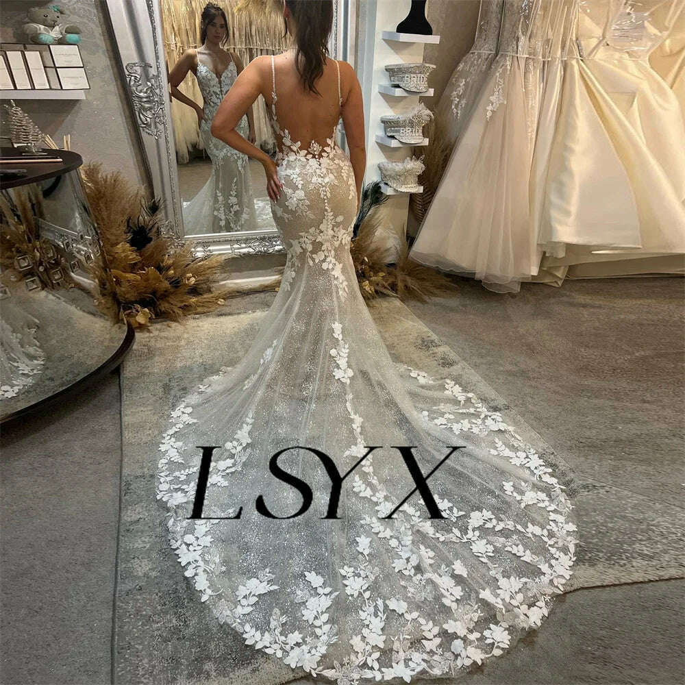 LSYX Deep V-Neck Sleeveless Appliques Shiny Tulle White Mermaid Wedding Dress 2024 Open Back Court Train Bridal Gown Custom Made - KIMLUD