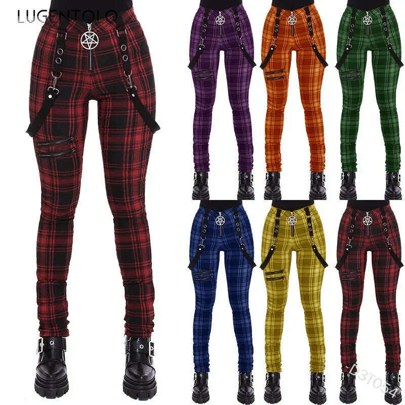 KIMLUD, Lugentolo Women Plaid Pants Zipper Fashion Decorative Overalls Casual Trousers Thin Summer Spring Large Size Long Pencil Cloth, KIMLUD Womens Clothes