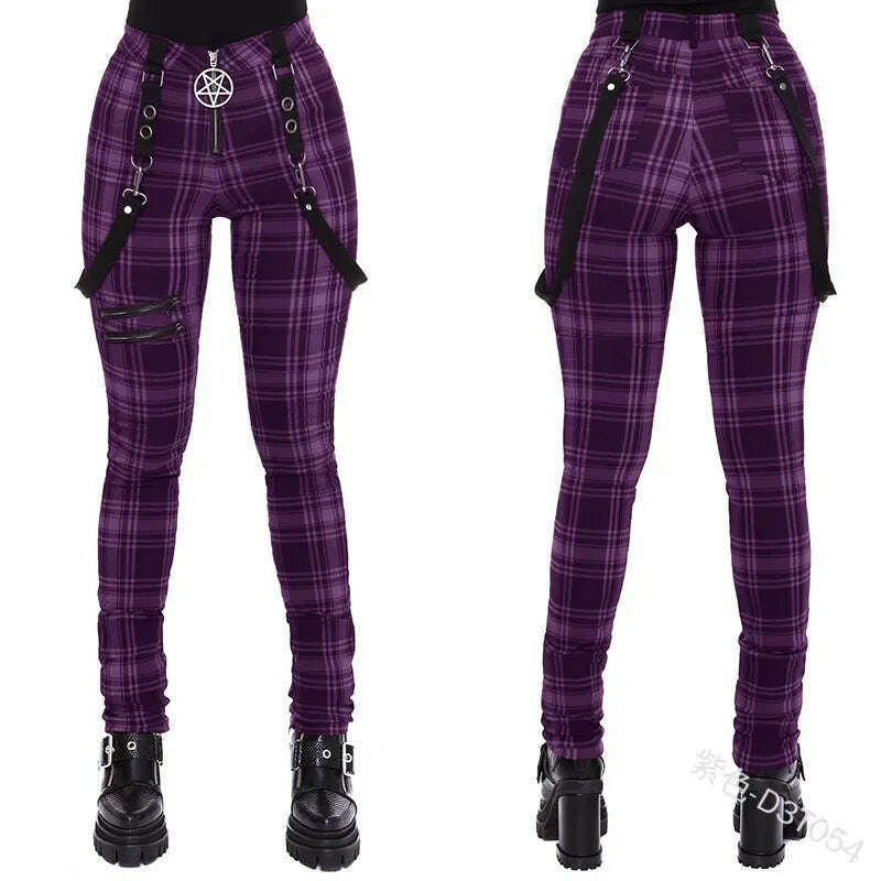 KIMLUD, Lugentolo Women Plaid Pants Zipper Fashion Decorative Overalls Casual Trousers Thin Summer Spring Large Size Long Pencil Cloth, PURPLE / XXXL, KIMLUD APPAREL - Womens Clothes