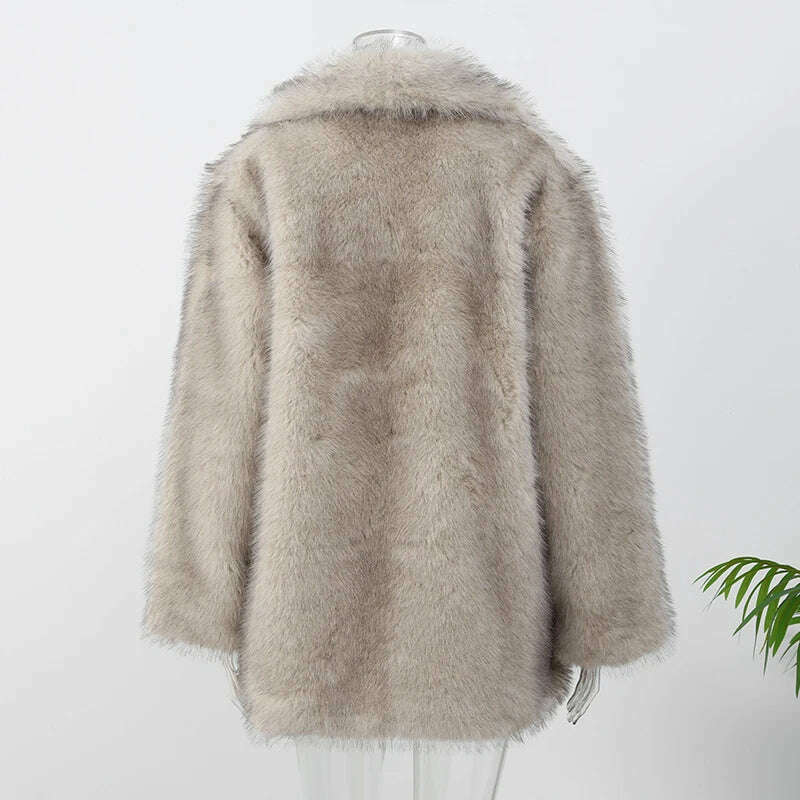 KIMLUD, Luxurious Fashion Lapel Faux Fur Midi Coat Women Street Long Sleeve Oversize Cardigan Jacket Winter Thick Warm Female Outerwear, KIMLUD Womens Clothes