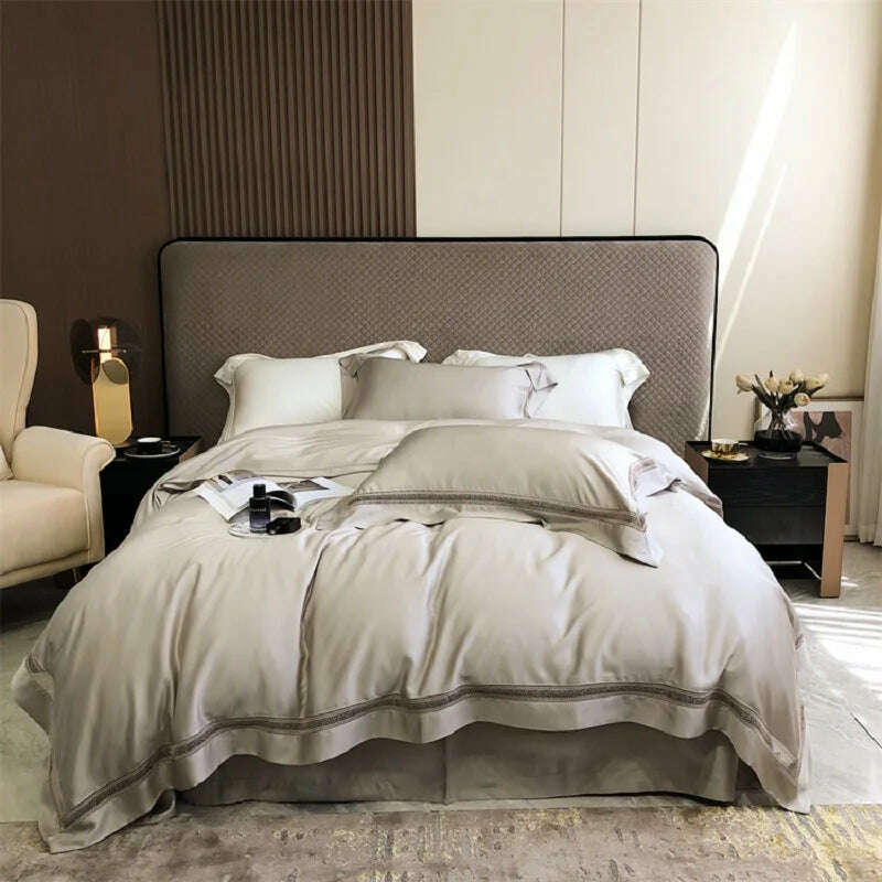 Luxury 1000TC Egyptian Cotton Soft Cozy Bedding Set Hollow Out Lace Broad Side Duvet Cover Set Flat/Fitted Bed Sheet Pillowcases - KIMLUD