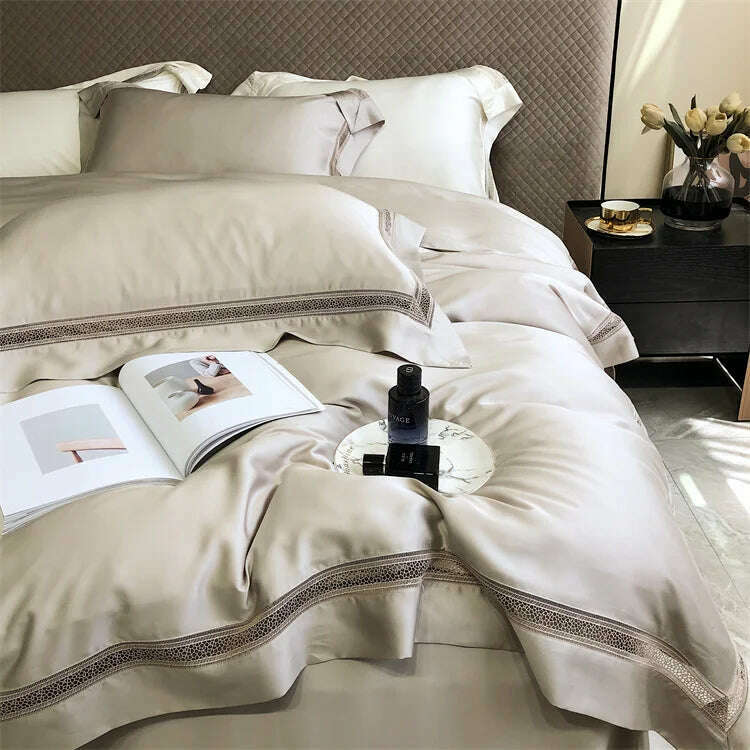 Luxury 1000TC Egyptian Cotton Soft Cozy Bedding Set Hollow Out Lace Broad Side Duvet Cover Set Flat/Fitted Bed Sheet Pillowcases - KIMLUD