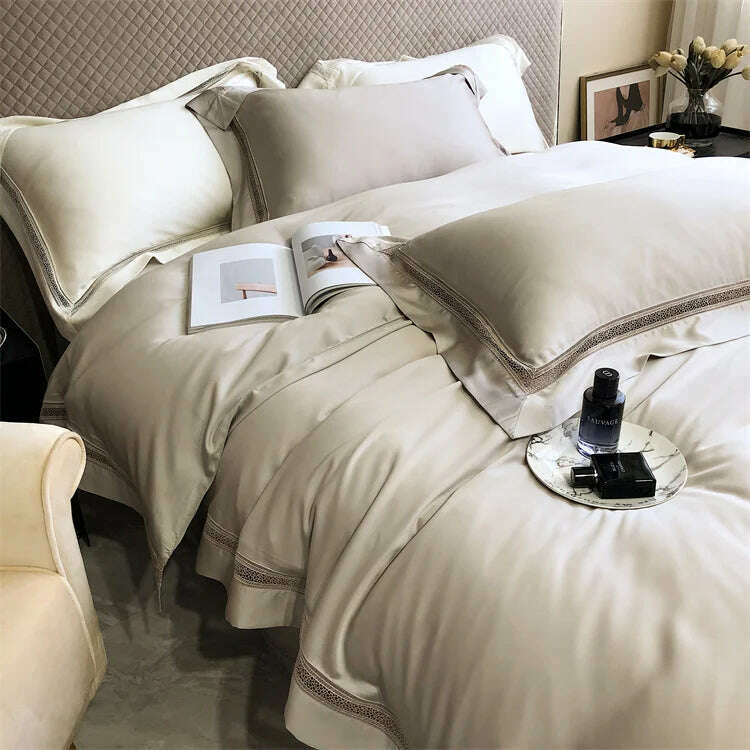 Luxury 1000TC Egyptian Cotton Soft Cozy Bedding Set Hollow Out Lace Broad Side Duvet Cover Set Flat/Fitted Bed Sheet Pillowcases - KIMLUD