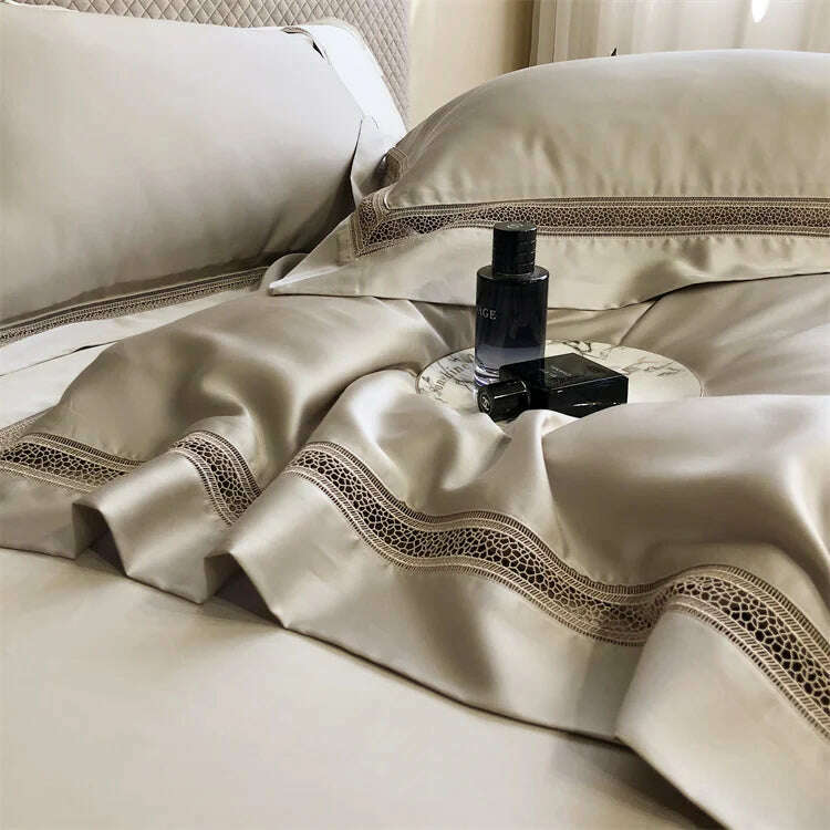 Luxury 1000TC Egyptian Cotton Soft Cozy Bedding Set Hollow Out Lace Broad Side Duvet Cover Set Flat/Fitted Bed Sheet Pillowcases - KIMLUD