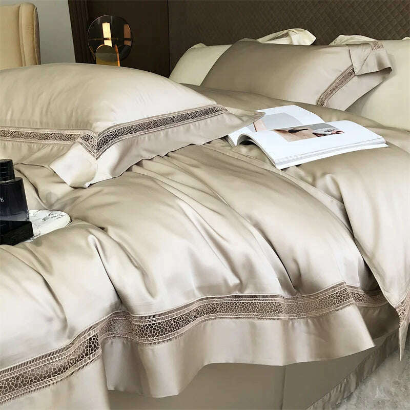 Luxury 1000TC Egyptian Cotton Soft Cozy Bedding Set Hollow Out Lace Broad Side Duvet Cover Set Flat/Fitted Bed Sheet Pillowcases - KIMLUD