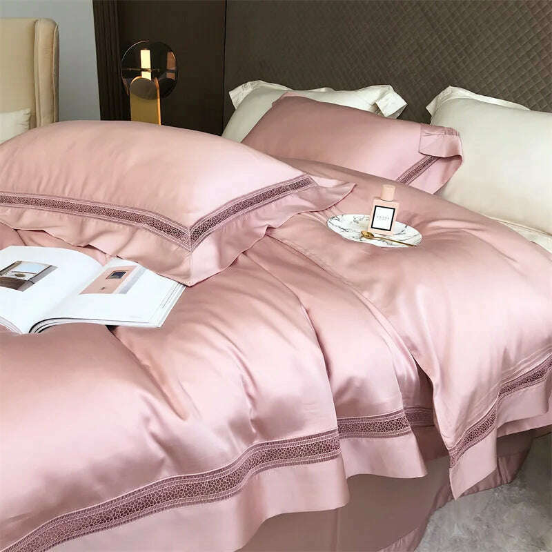 Luxury 1000TC Egyptian Cotton Soft Cozy Bedding Set Hollow Out Lace Broad Side Duvet Cover Set Flat/Fitted Bed Sheet Pillowcases - KIMLUD