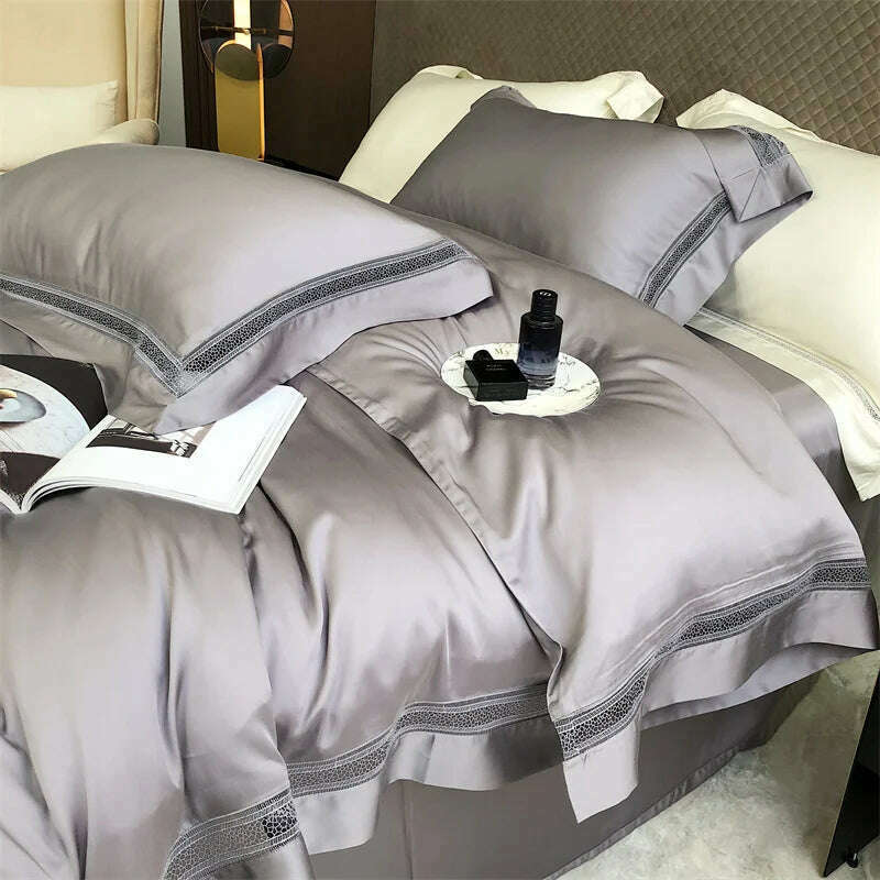 Luxury 1000TC Egyptian Cotton Soft Cozy Bedding Set Hollow Out Lace Broad Side Duvet Cover Set Flat/Fitted Bed Sheet Pillowcases - KIMLUD