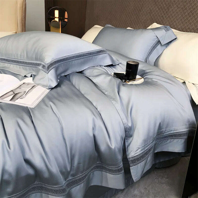 Luxury 1000TC Egyptian Cotton Soft Cozy Bedding Set Hollow Out Lace Broad Side Duvet Cover Set Flat/Fitted Bed Sheet Pillowcases - KIMLUD