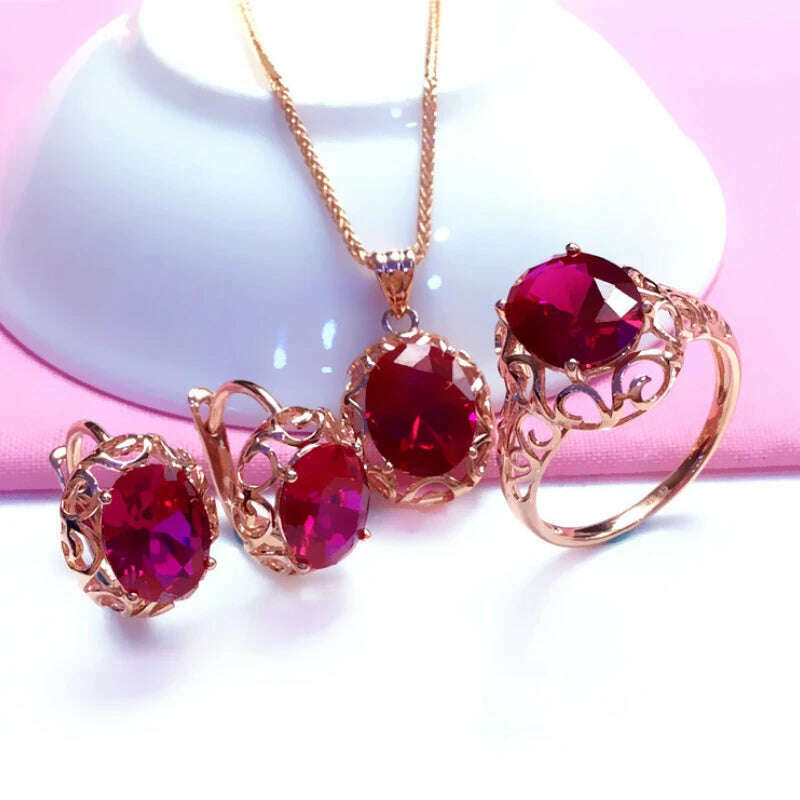 Luxury 585 purple gold inlaid ruby jewelry set hollow design 14K rose gold wedding necklaces rings earrings for girlfriend - KIMLUD