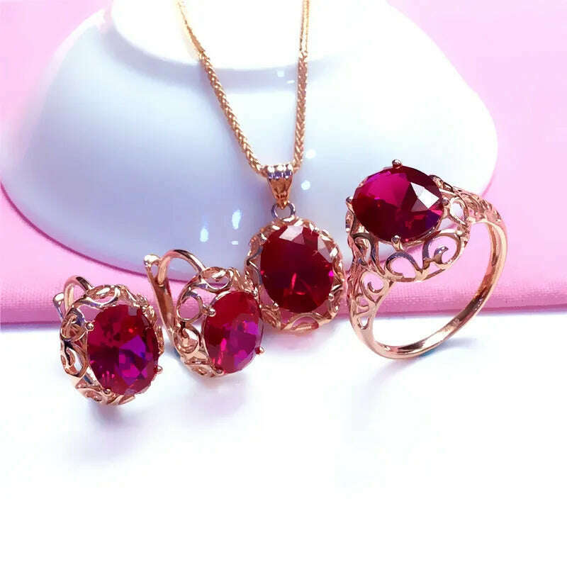 Luxury 585 purple gold inlaid ruby jewelry set hollow design 14K rose gold wedding necklaces rings earrings for girlfriend - KIMLUD