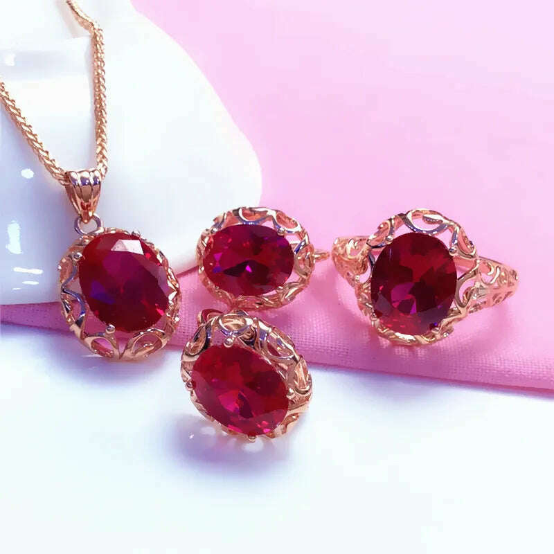 Luxury 585 purple gold inlaid ruby jewelry set hollow design 14K rose gold wedding necklaces rings earrings for girlfriend - KIMLUD