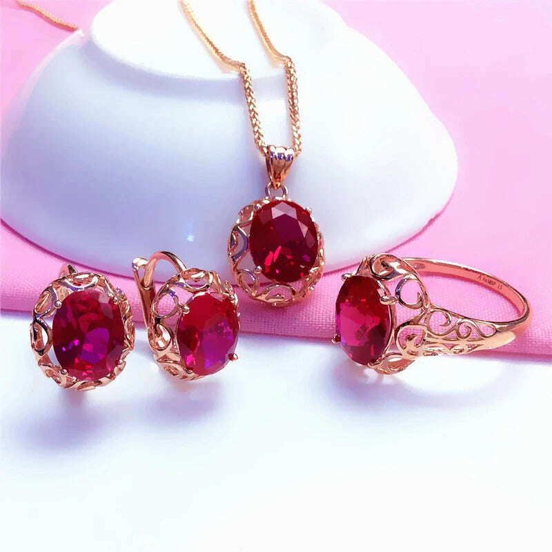 Luxury 585 purple gold inlaid ruby jewelry set hollow design 14K rose gold wedding necklaces rings earrings for girlfriend - KIMLUD