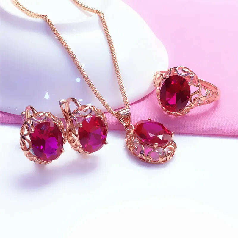 Luxury 585 purple gold inlaid ruby jewelry set hollow design 14K rose gold wedding necklaces rings earrings for girlfriend - KIMLUD