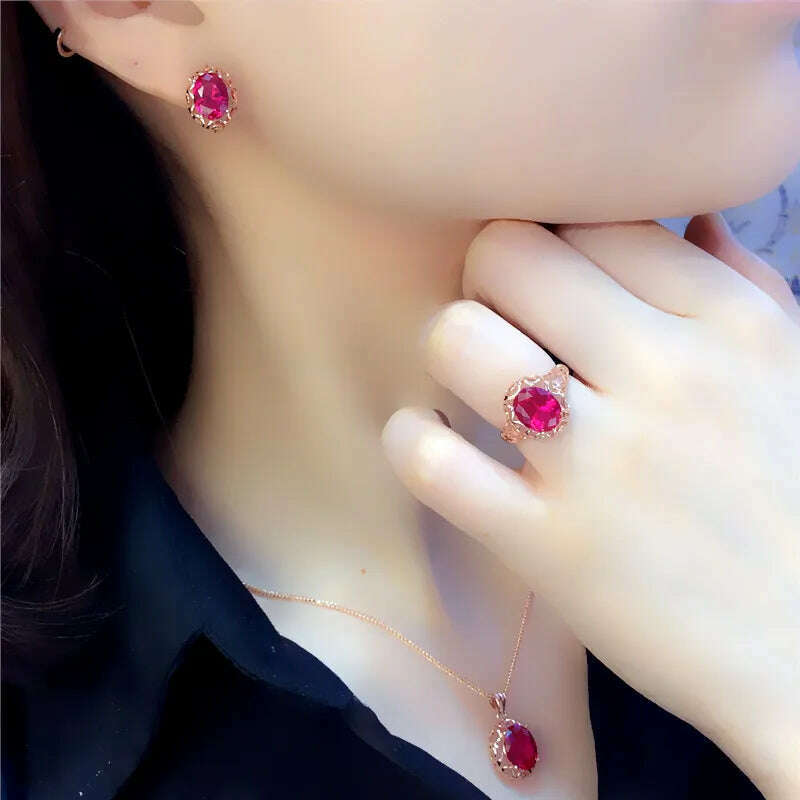 Luxury 585 purple gold inlaid ruby jewelry set hollow design 14K rose gold wedding necklaces rings earrings for girlfriend - KIMLUD