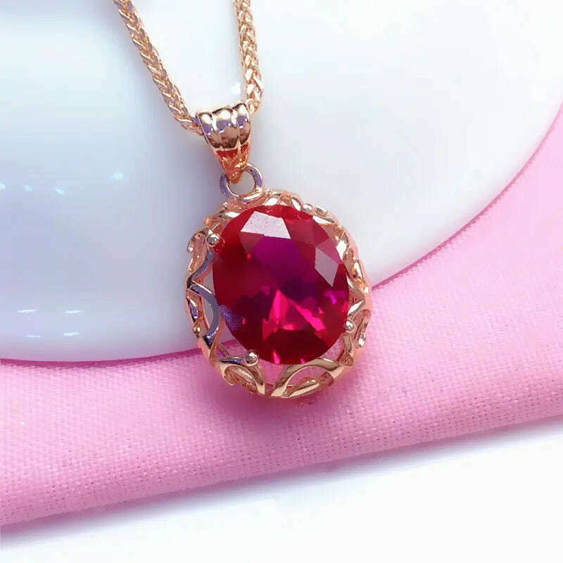 Luxury 585 purple gold inlaid ruby jewelry set hollow design 14K rose gold wedding necklaces rings earrings for girlfriend - KIMLUD