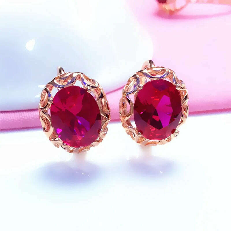 Luxury 585 purple gold inlaid ruby jewelry set hollow design 14K rose gold wedding necklaces rings earrings for girlfriend - KIMLUD