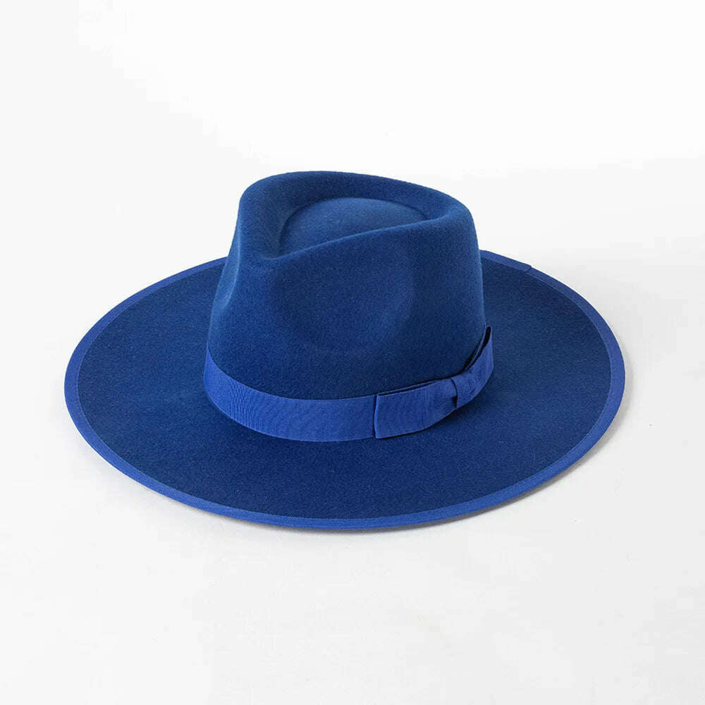 KIMLUD, Luxury Australian wool Panama Hat for women Winter Hat ribbon Band trimmed wide brim fedora hats stiff crown ladies hat chapeau, Blue, KIMLUD APPAREL - Womens Clothes