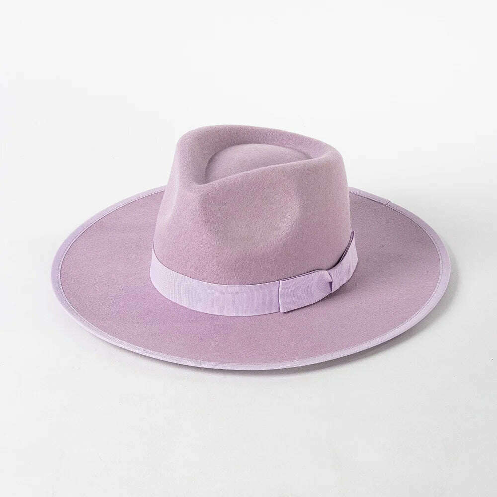 KIMLUD, Luxury Australian wool Panama Hat for women Winter Hat ribbon Band trimmed wide brim fedora hats stiff crown ladies hat chapeau, Light Purple, KIMLUD APPAREL - Womens Clothes