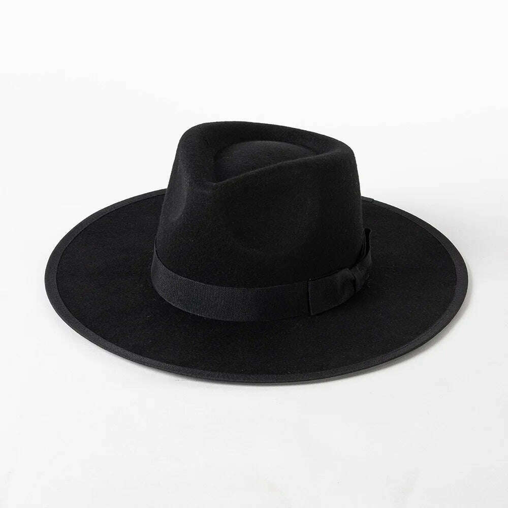 KIMLUD, Luxury Australian wool Panama Hat for women Winter Hat ribbon Band trimmed wide brim fedora hats stiff crown ladies hat chapeau, Black, KIMLUD APPAREL - Womens Clothes