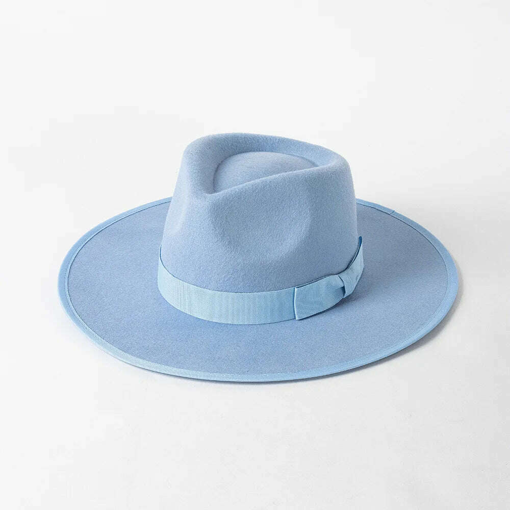 KIMLUD, Luxury Australian wool Panama Hat for women Winter Hat ribbon Band trimmed wide brim fedora hats stiff crown ladies hat chapeau, Sky Blue, KIMLUD APPAREL - Womens Clothes