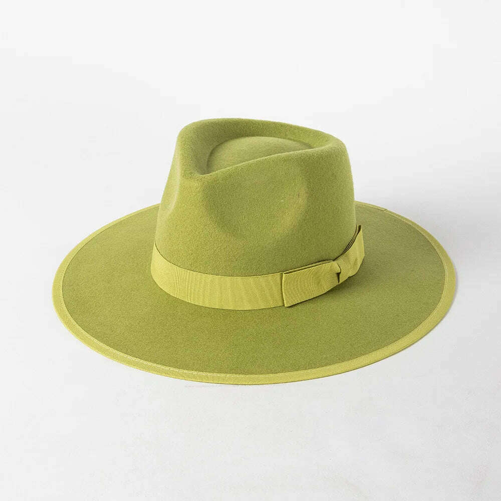 KIMLUD, Luxury Australian wool Panama Hat for women Winter Hat ribbon Band trimmed wide brim fedora hats stiff crown ladies hat chapeau, Green, KIMLUD APPAREL - Womens Clothes