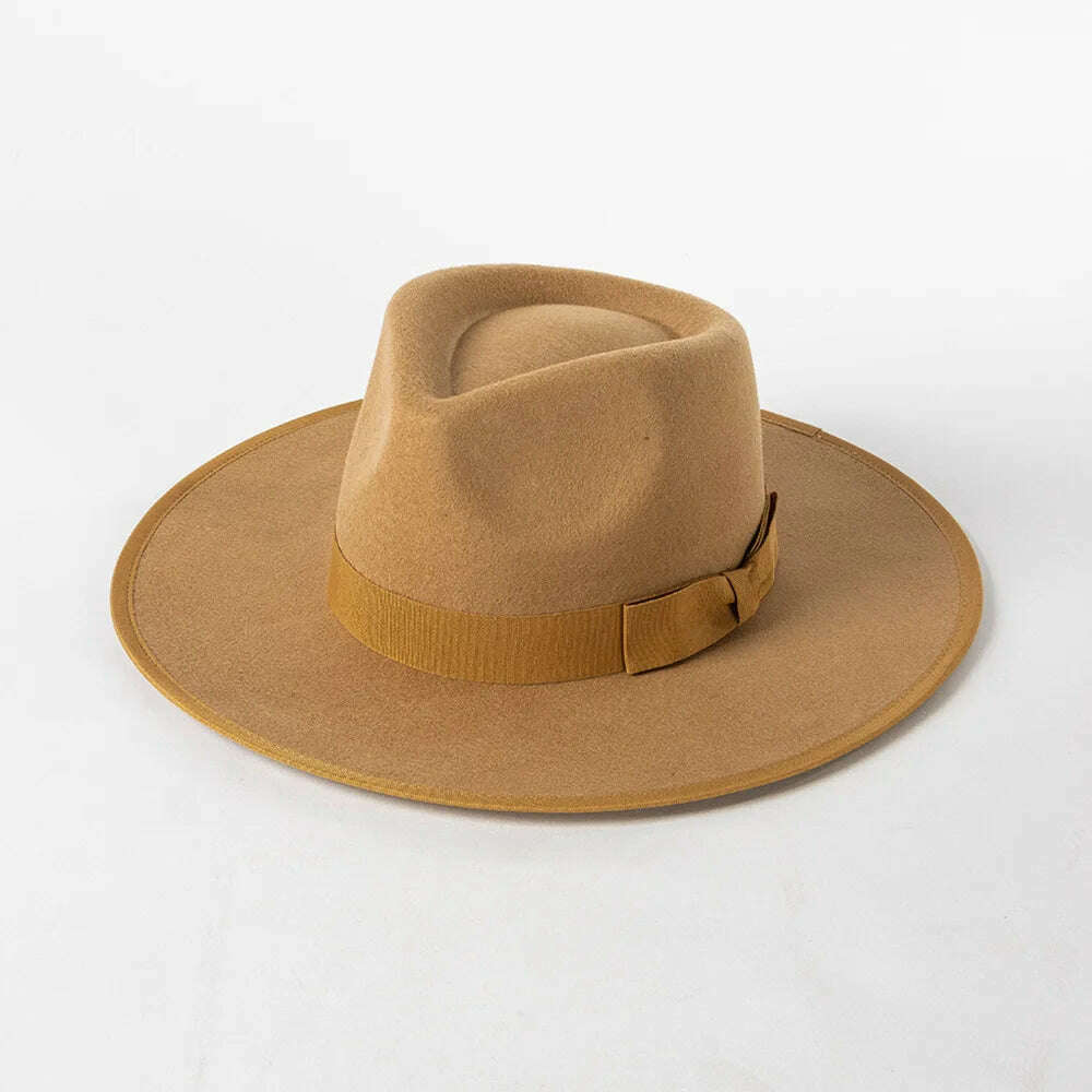 KIMLUD, Luxury Australian wool Panama Hat for women Winter Hat ribbon Band trimmed wide brim fedora hats stiff crown ladies hat chapeau, Khaki, KIMLUD APPAREL - Womens Clothes