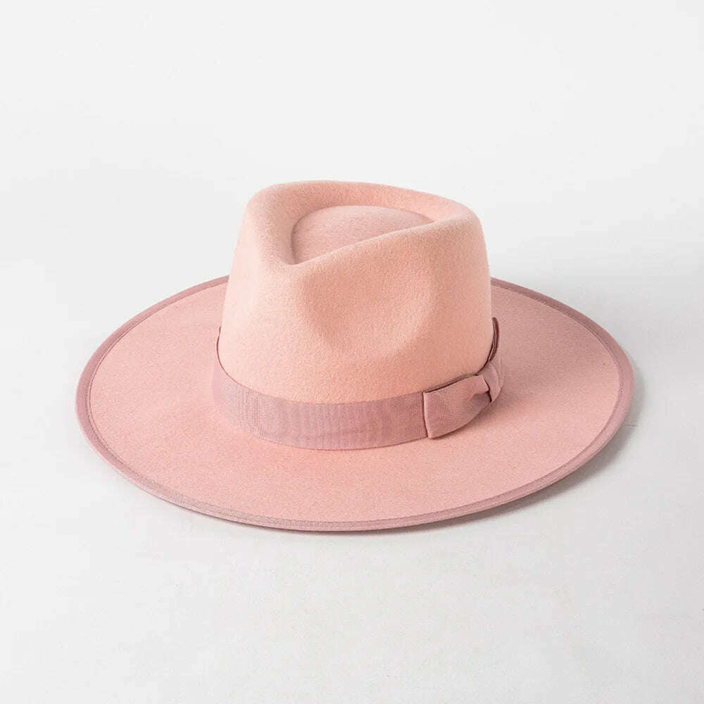 KIMLUD, Luxury Australian wool Panama Hat for women Winter Hat ribbon Band trimmed wide brim fedora hats stiff crown ladies hat chapeau, Pink, KIMLUD APPAREL - Womens Clothes