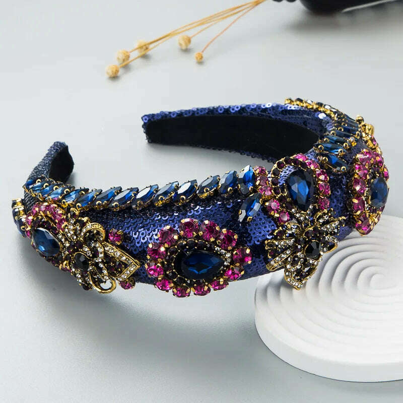 KIMLUD, Luxury Baroque Palace Style Full Rhinestone Headband Hair Accessories Women Thickened Sponge Embroidery Prom Hairband Hair Hoop, B blue, KIMLUD APPAREL - Womens Clothes