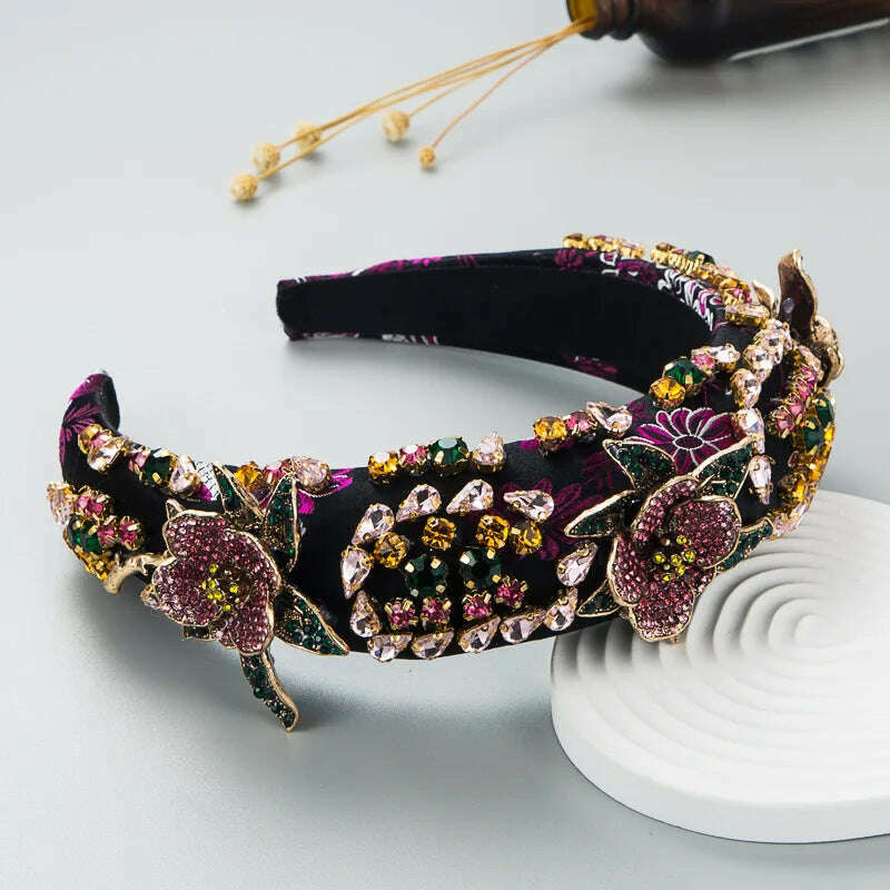 KIMLUD, Luxury Baroque Palace Style Full Rhinestone Headband Hair Accessories Women Thickened Sponge Embroidery Prom Hairband Hair Hoop, A black, KIMLUD APPAREL - Womens Clothes