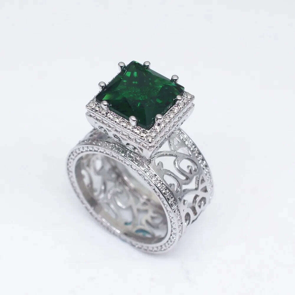 Luxury Big Crystal Green Stone Ring Male Female Silver Color Engagement Ring Vintage Party Wedding Rings For Women - KIMLUD