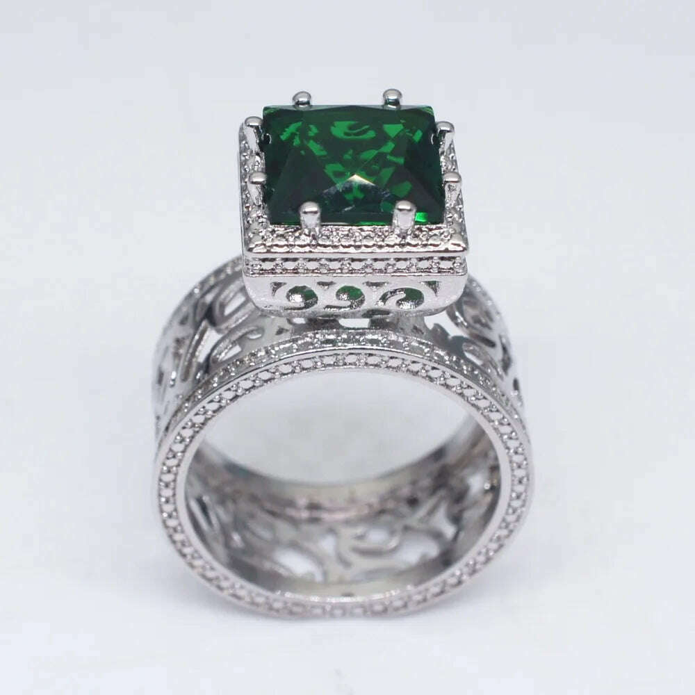 Luxury Big Crystal Green Stone Ring Male Female Silver Color Engagement Ring Vintage Party Wedding Rings For Women - KIMLUD