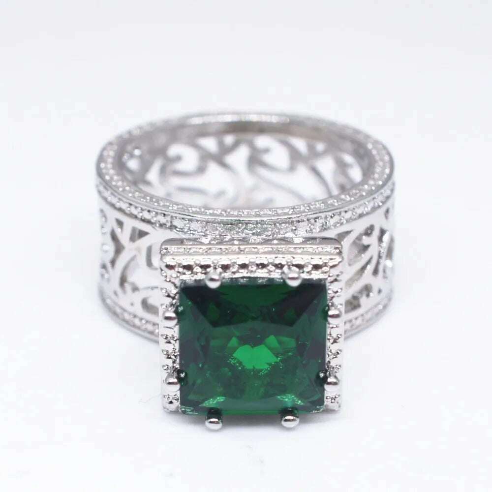 Luxury Big Crystal Green Stone Ring Male Female Silver Color Engagement Ring Vintage Party Wedding Rings For Women - KIMLUD