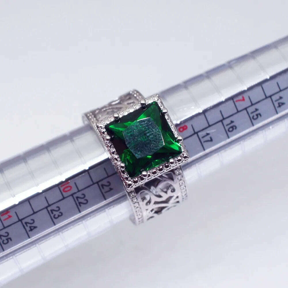 Luxury Big Crystal Green Stone Ring Male Female Silver Color Engagement Ring Vintage Party Wedding Rings For Women - KIMLUD