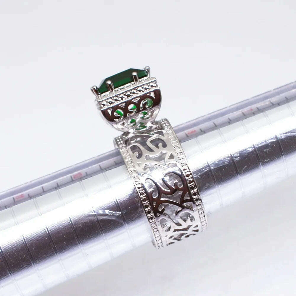 Luxury Big Crystal Green Stone Ring Male Female Silver Color Engagement Ring Vintage Party Wedding Rings For Women - KIMLUD