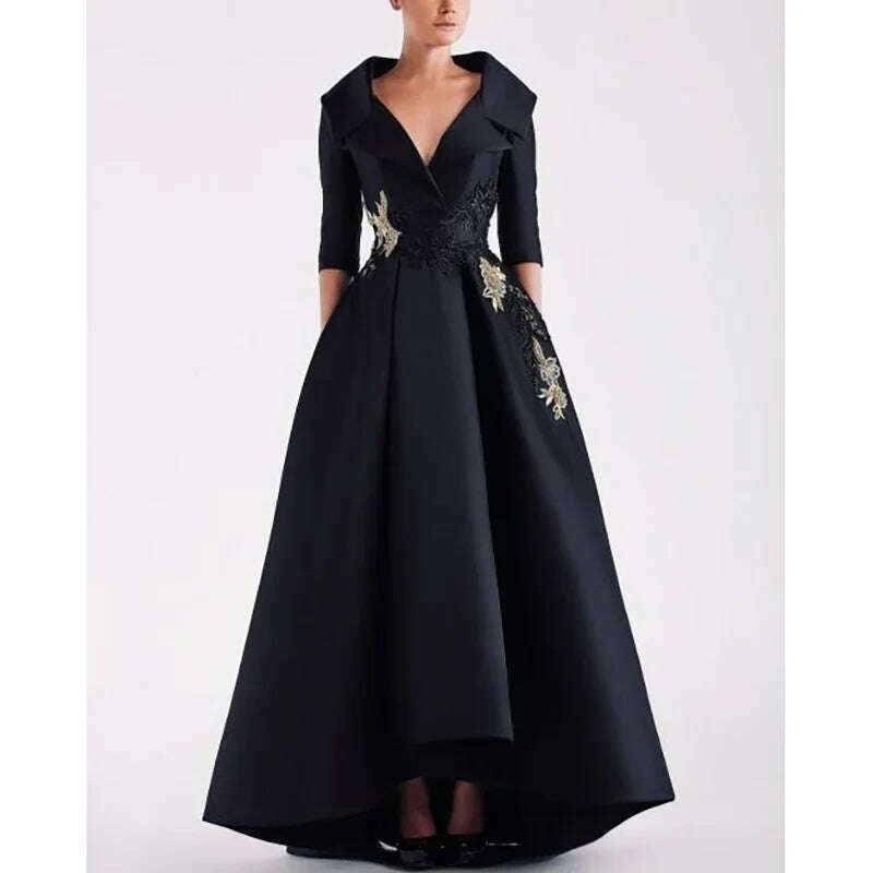 Luxury Black Evening Dress V-Neck Half Sleeve Appliques Floor Length Satin Pleat Formal Occasion Elegant Women Special Party - KIMLUD