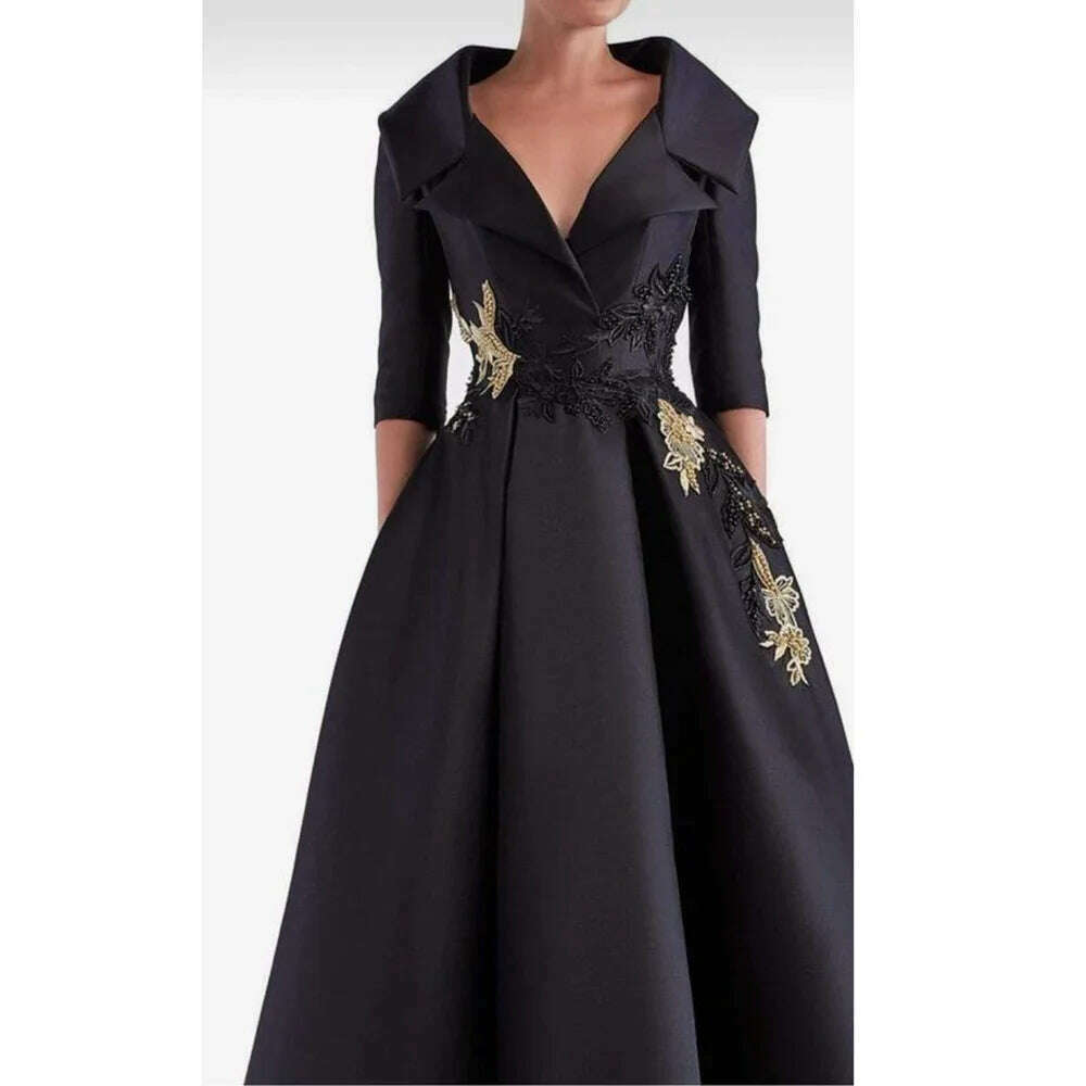 KIMLUD, Luxury Black Evening Dress V-Neck Half Sleeve Appliques Floor Length Satin Pleat Formal Occasion Elegant Women Special Party, KIMLUD Womens Clothes