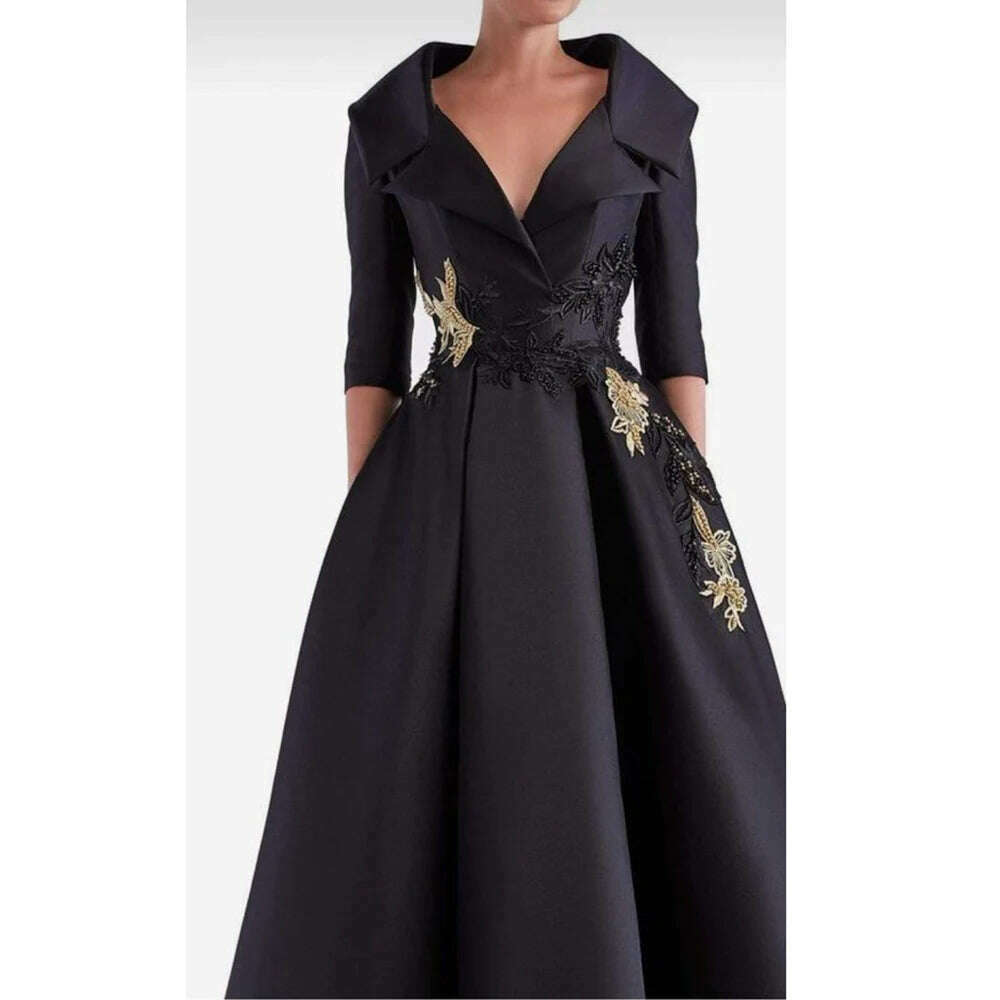 KIMLUD, Luxury Black Evening Dress V-Neck Half Sleeve Appliques Floor Length Satin Pleat Formal Occasion Elegant Women Special Party, KIMLUD Womens Clothes