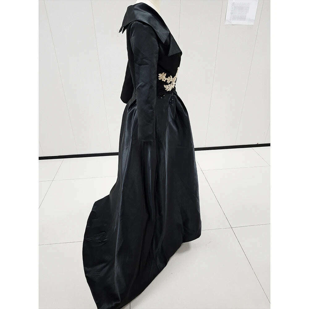 KIMLUD, Luxury Black Evening Dress V-Neck Half Sleeve Appliques Floor Length Satin Pleat Formal Occasion Elegant Women Special Party, KIMLUD Womens Clothes