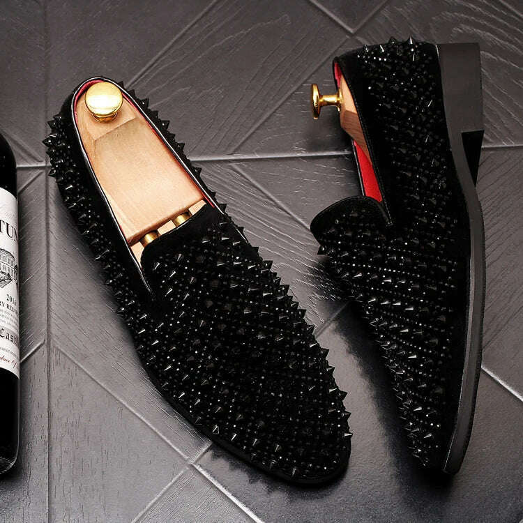 KIMLUD, Luxury Brand Men's Fashion Rivets Shoes Black Punk Flats Loafers Men Handmade Spiked Man Party Wedding Shoes Soft Moccasins, Black / 38, KIMLUD APPAREL - Womens Clothes