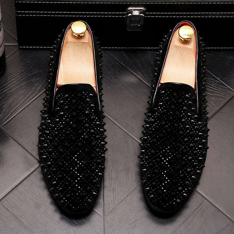 KIMLUD, Luxury Brand Men's Fashion Rivets Shoes Black Punk Flats Loafers Men Handmade Spiked Man Party Wedding Shoes Soft Moccasins, KIMLUD Womens Clothes