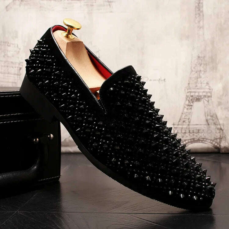 KIMLUD, Luxury Brand Men's Fashion Rivets Shoes Black Punk Flats Loafers Men Handmade Spiked Man Party Wedding Shoes Soft Moccasins, KIMLUD Womens Clothes