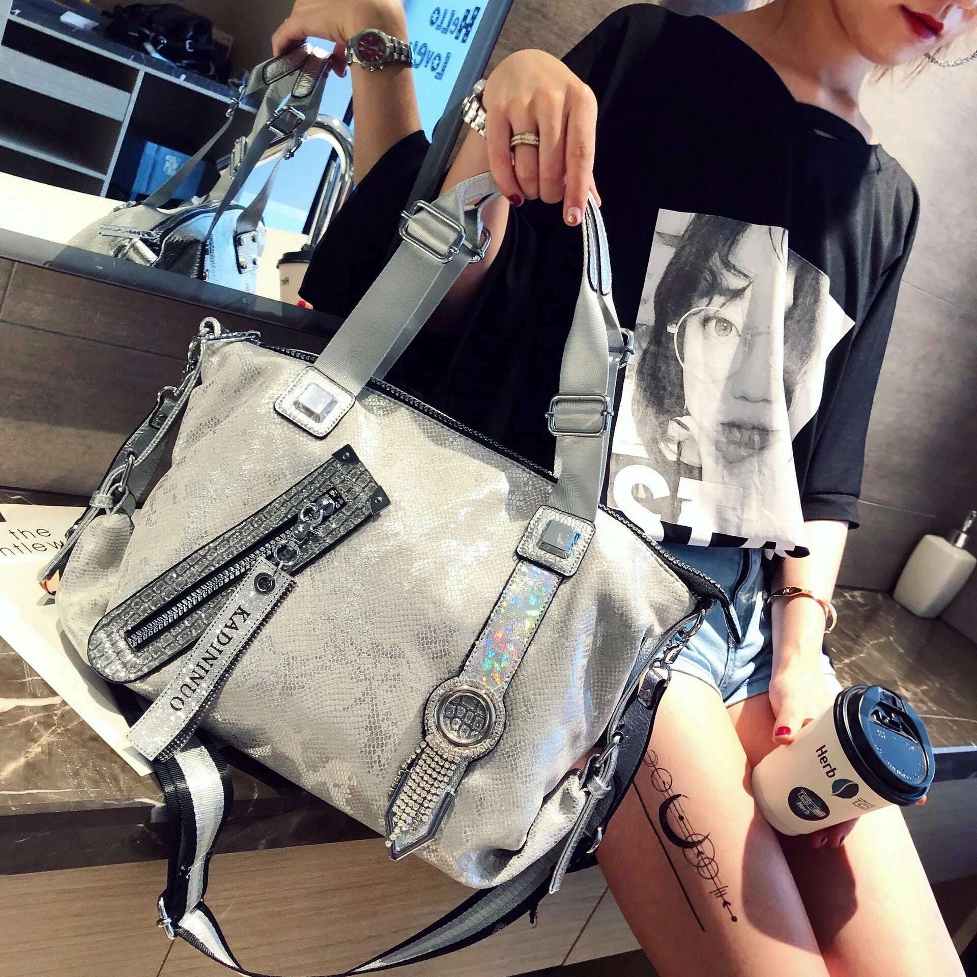 KIMLUD, Luxury Brand Rhinestone Women Handbags 2021 Fashion Leather Designer Crossbody Bags Female High Capacity Shoulder Bag Sac A Main, KIMLUD Womens Clothes